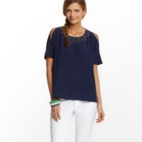 Lilly Pulitzer Navy Blue Cold Shoulder Gold Stud Neckline Blouse (XS) - Picture 1 of 7